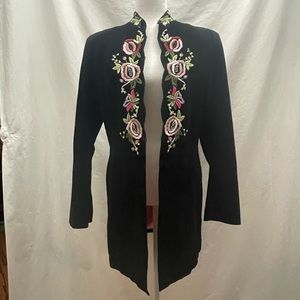 Margaret Godfrey Med embroidered black suede coat